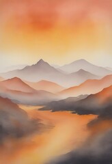 Aufkleber - a serene landscape with mountains in the background, a winding river in the foreground, and a warm, orange-hued sky above
