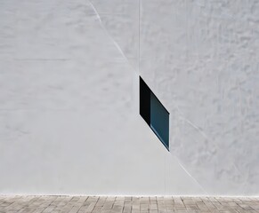 Aufkleber - A minimalist architectural design with a white wall and a black rectangular window, set against a brick sidewalk.