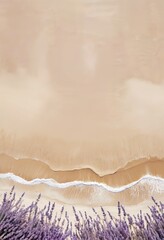 Poster - Aerial view of a beach with lavender flowers in the foreground and a light beige sand and light blue water in the background.