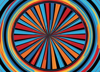 Poster - a vibrant, abstract design with a central circular motif composed of radiating lines in various colors, including red, orange, yellow, blue, and black.