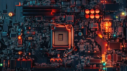 Poster - Colorful computer motherboard with CPU processors and intricate data circuits, showcasing the core of digital technology