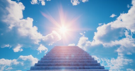 Wall Mural - heavenly stairway leading into a bright blue sky filled with fluffy white clouds and radiant sunligh