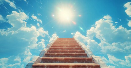 Wall Mural - heavenly stairway leading into a bright blue sky filled with fluffy white clouds and radiant sunligh