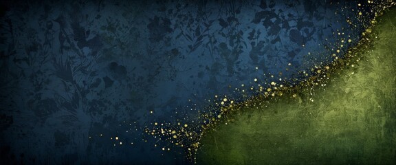 Poster - a dark blue background with a textured pattern, and a green and gold border on the right side