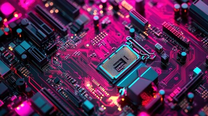 Poster - Colorful computer motherboard with CPU processors and intricate data circuits, showcasing the core of digital technology