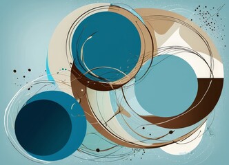 Leinwandbilder - a vibrant abstract composition of overlapping circles in various shades of blue, brown, and white, with splashes of color and dynamic lines, creating a sense of movement