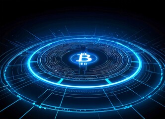 Poster - a futuristic digital interface with a glowing blue Bitcoin symbol at its center, surrounded by a network of interconnected lines and lines of code