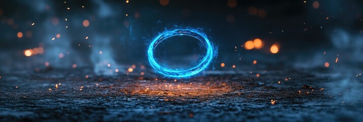 Wall Mural - Blue glowing circle above a dark surface with blurred lights and particles.