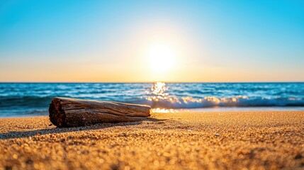 Wall Mural - sunset over ocean with driftwood on sandy beach, tranquil and serene atmosphere.