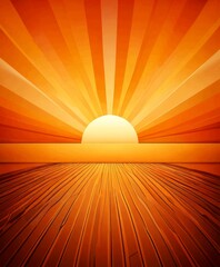 Aufkleber - A vibrant sunset casts a warm glow over a wooden deck, with the sun's rays radiating outwards in a striking pattern