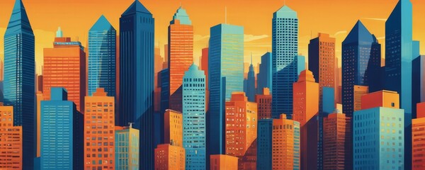 Poster - a vibrant cityscape with tall buildings in various shades of blue, orange, and red, set against a warm orange sky