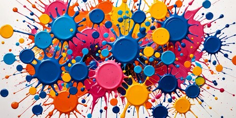 Poster - a vibrant abstract painting featuring a multitude of colorful paint splatters in various shades of blue, pink, yellow, and orange, creating a dynamic and energetic composition