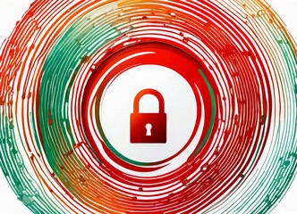 Aufkleber - a red padlock symbol in the center, surrounded by a colorful abstract pattern of concentric circles in various shades of green, orange, and red