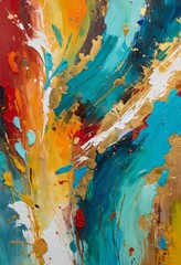 Poster - an abstract painting featuring a vibrant mix of colors, including red, orange, yellow, blue, green, and white, creating a dynamic and energetic composition