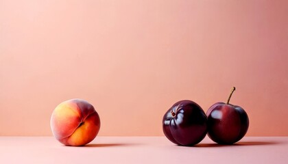 Poster - A single peach sits on a pink background, flanked by two plums, creating a visually balanced still life composition