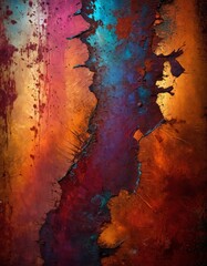 Poster - an abstract representation textured surface, featuring a mix of warm and cool colors, with splatters and splotches of paint creating a dynamic and