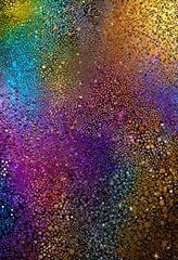 Poster - a vibrant abstract composition featuring a multitude of small, colorful dots in various shades of blue, green, purple, orange, and yellow, creating a dynamic