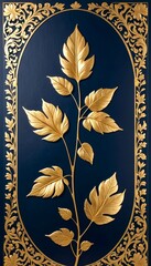 Poster - A gold leaf sculpture of a plant with six leaves is displayed against a navy blue background, framed by an ornate gold border.