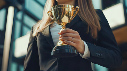 Wall Mural - business woman in suit holding a golden trophy cup in hand, celebrating success, victory, office team applause outdoors. employee appreciation day. awarding the best employee. Close up, faceless