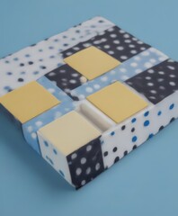 Aufkleber - A close-up view colorful, abstract pattern composed of various shapes and colors, including squares, rectangles, and circles, against a blue background
