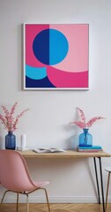 Poster - A minimalist workspace with a pink chair, a wooden desk, and a framed abstract art piece with a blue circle and pink and blue waves