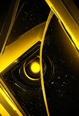 Poster - a digital art piece with a black background, a large yellow circle in the center, and a series of curved lines extending from the center towards the edges of the