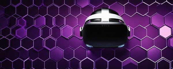 Leinwandbilder - A black virtual reality headset with a white strap is centered against a purple hexagonal background