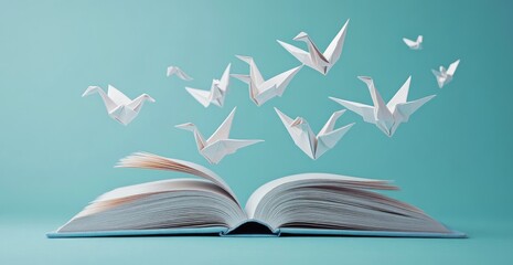 A group of white paper cranes, a symbol of peace and hope, fly out of an open book against a light blue background.