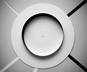 Fototapete - A minimalist black and white circular design with a small hole in the center, surrounded by diagonal lines