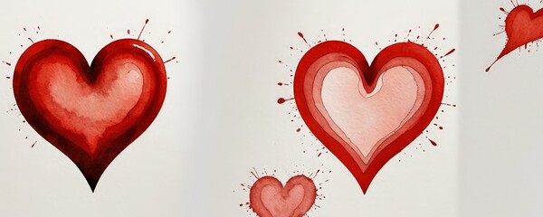 Poster - Three heart-shaped illustrations in varying shades of red, with splatters and splotches around them, against a white background