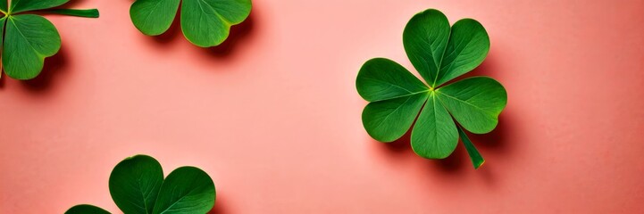 Poster - Four green clovers with five leaves each are arranged diagonally on a pink background