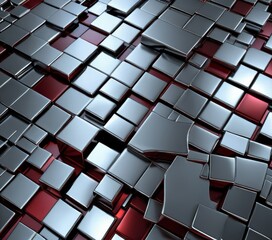 Poster - a metallic surface composed of numerous square tiles in varying shades of gray and red, arranged in a grid-like pattern