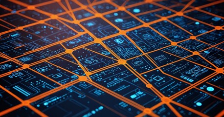 Fototapete - a close-up view complex network of interconnected lines and dots, in shades of blue and orange The lines and dots are arranged in a grid-like