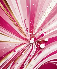 Fototapete - a vibrant abstract composition with pink and white stripes radiating outwards, interspersed with gold and white dots, creating a dynamic and energetic visual effect