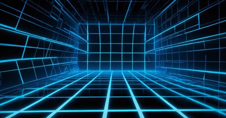 Aufkleber - a futuristic, - room with a grid-like pattern of blue lines and glowing blue lights, creating a sense of depth and dimensionality