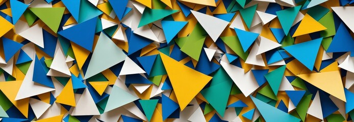 Poster - A vibrant collage of overlapping triangles in various shades of blue, yellow, and green, creating a dynamic and visually striking composition