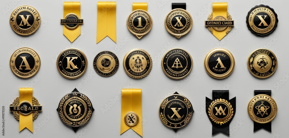 The displays a collection of 16 gold and black badges, each featuring a ...