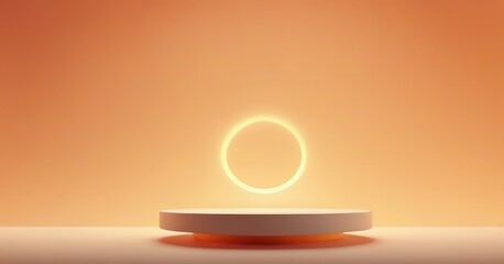 Poster - A white pedestal with a glowing ring sits against a gradient orange backdrop, creating a visually striking and minimalist composition