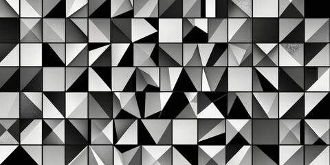 Poster - a black and white abstract pattern composed of numerous small square tiles arranged in a grid-like fashion The tiles vary in size and orientation, creating a