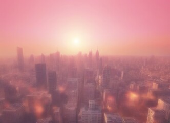 Poster - A hazy cityscape at sunset, with the sun's rays peeking through the buildings and casting a warm glow over the urban landscape