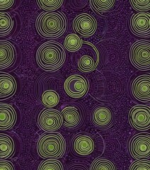Poster - a repeating pattern of concentric circles in shades of green and purple, with a central green circle surrounded by a ring of purple and green circles