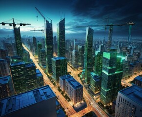 Aufkleber - a futuristic cityscape at night, with towering skyscrapers and cranes illuminated by artificial lights The city is surrounded by a dark sky, creating a striking contrast with