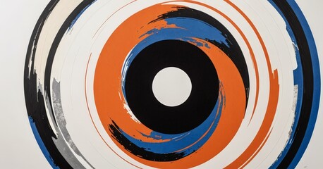 Poster - a close-up view of an abstract artwork featuring a large white circle with a black center, surrounded by concentric circles in various shades of orange, blue, and black