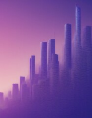 Poster - a futuristic cityscape with tall, cylindrical buildings in shades of purple and blue, set against a gradient sky transitioning from pink to purple