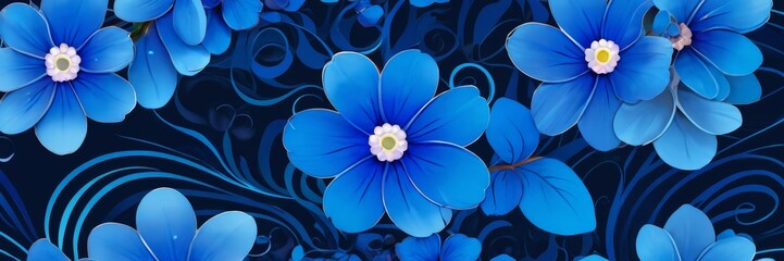 Aufkleber - a close-up view of blue flowers with white centers against a dark blue background with swirling patterns