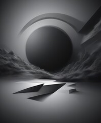 Poster - a black and white photograph featuring a large, dark circle dominating the center of the frame, with a dramatic, cloudy sky in the background