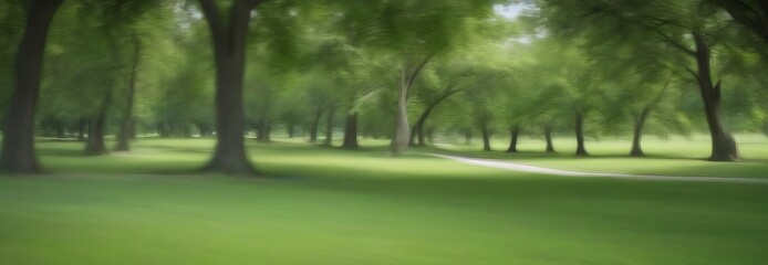 Poster - A serene park scene with a winding path, lush green grass, and a line of tall trees in the background