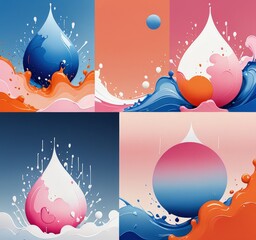 Poster - The contains four distinct illustrations of water droplets in various colors and sizes, with splashes and bubbles surrounding them, set against a gradient background