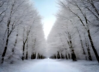 Poster - A snowy path winds through a forest of bare trees, creating a serene and tranquil atmosphere