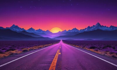 Aufkleber - A long, straight road stretches out into the distance, flanked by mountains and a vibrant sunset